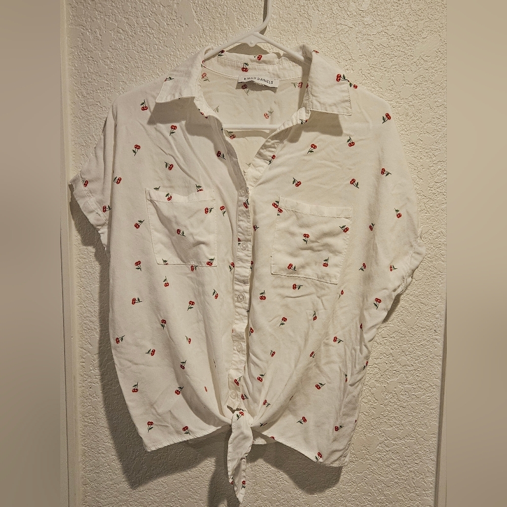 White Cherry Print Button Down Shirt